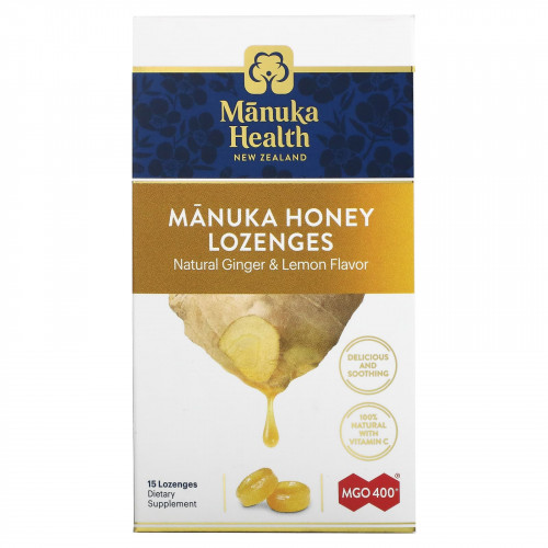 Manuka Health, Леденцы с медом Manuka, MGO 400+, имбирь и лимон, 15 леденцов