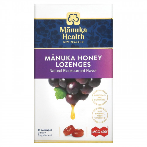 Manuka Health, Леденцы, лесной мёд манука и черная смородина, MGO 400+, 15 леденцов