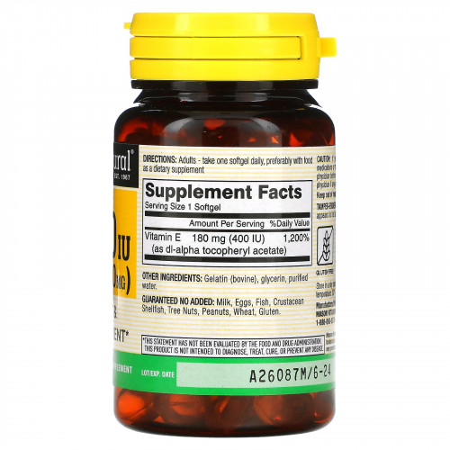 Mason Natural, витамин E, 180 мг (400 МЕ), 100 мягких таблеток