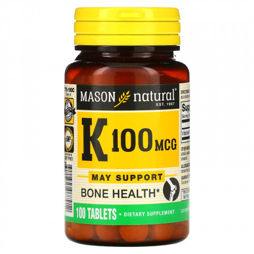 Mason Natural, витамин К, 100 мкг, 100 таблеток