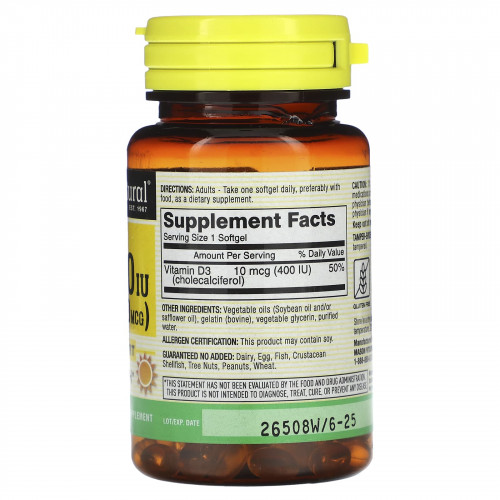 Mason Natural, Витамин D3, 10 мкг (400 МЕ), 100 мягких таблеток