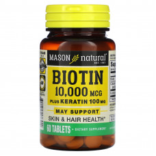 Mason Natural, биотин с кератином, 10 000 мкг, 60 таблеток