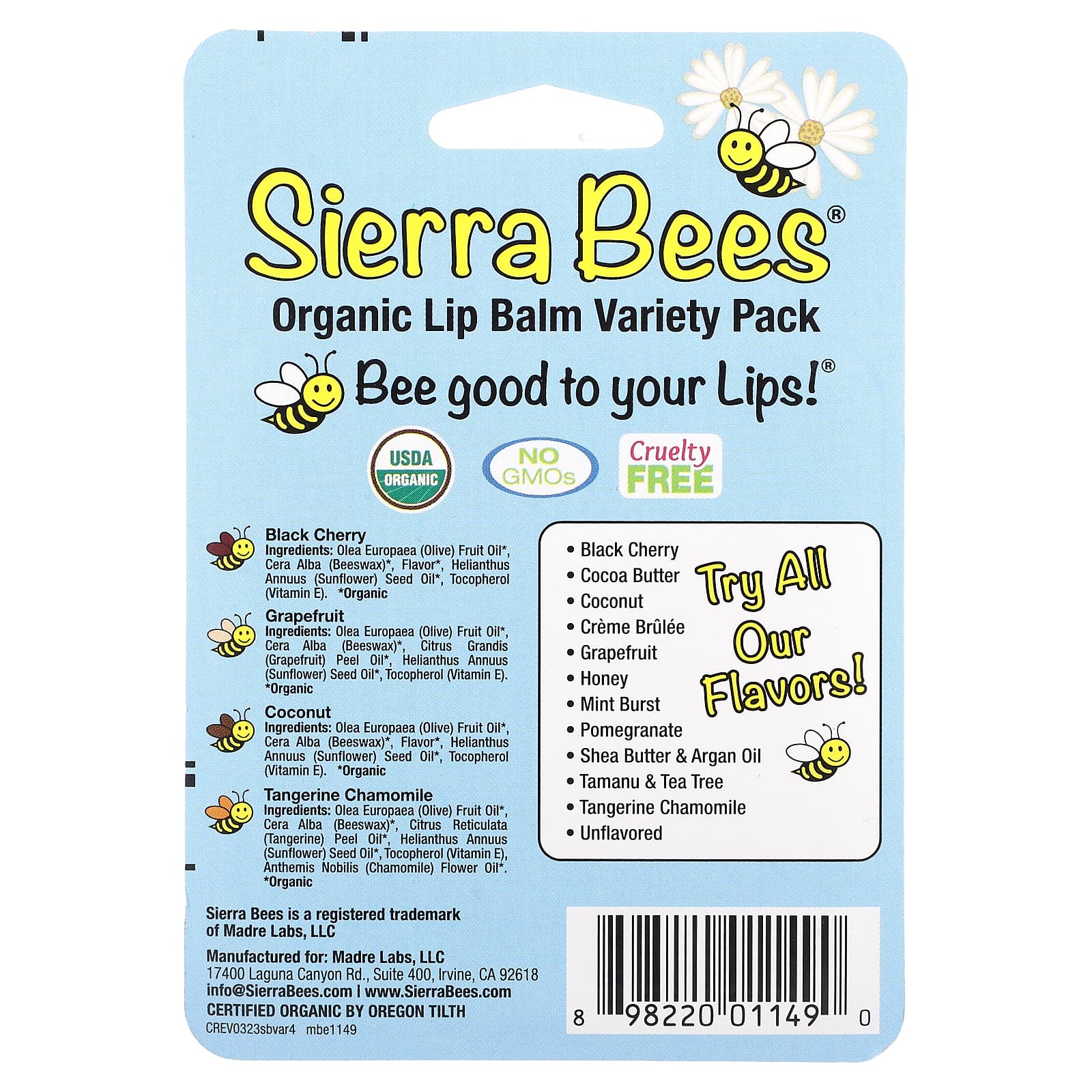 Sierra Bees, набор органических бальзамов для губ, 4 штуки, вес: 4,25 г (0,15 унции) каждый