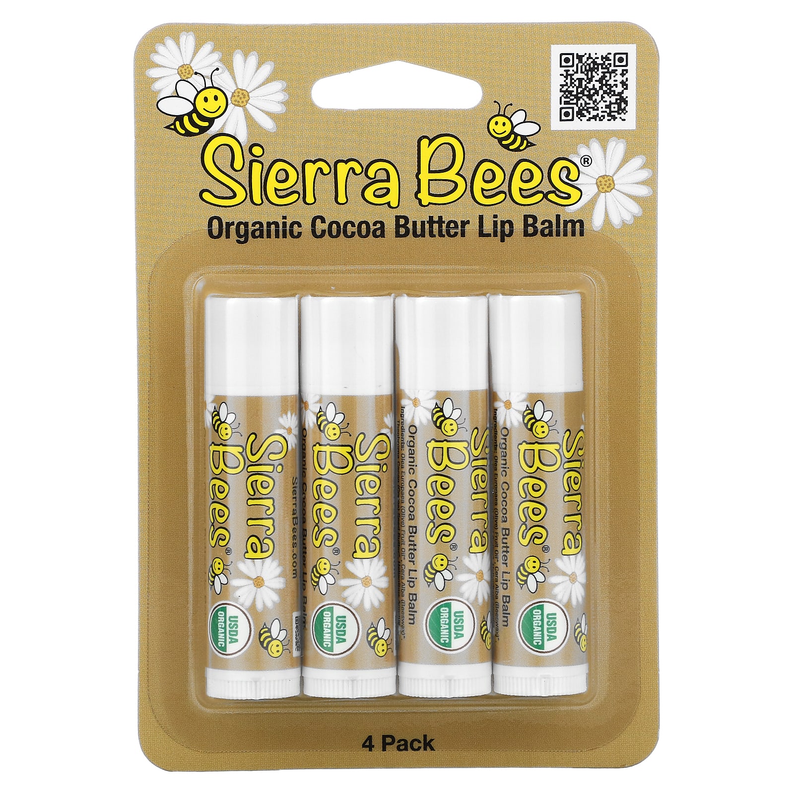 Sierra Bees, Органические бальзамы для губ, какао-масло, 4 штуки в упаковке весом 0,15 унции (4,25 г) каждая