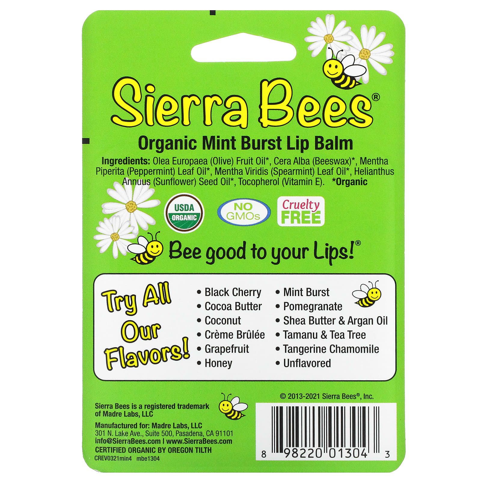 Sierra Bees, Органические бальзамы для губ, мятный взрыв, 4 штуки в упаковке весом 0,15 унции (4,25 г) каждая