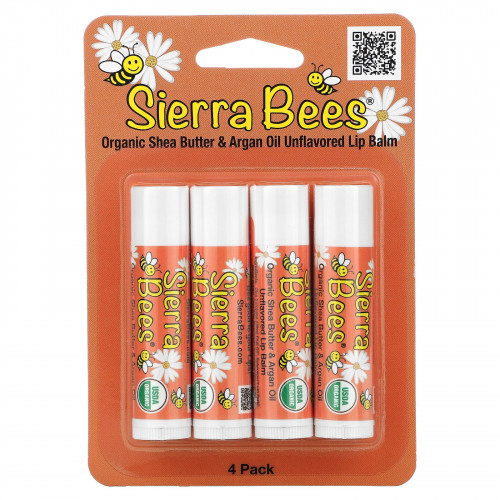 Sierra Bees, Органические бальзамы для губ, масло ши и аргановое масло, 4 штуки в упаковке весом 0,15 унции (4,25 г) каждая