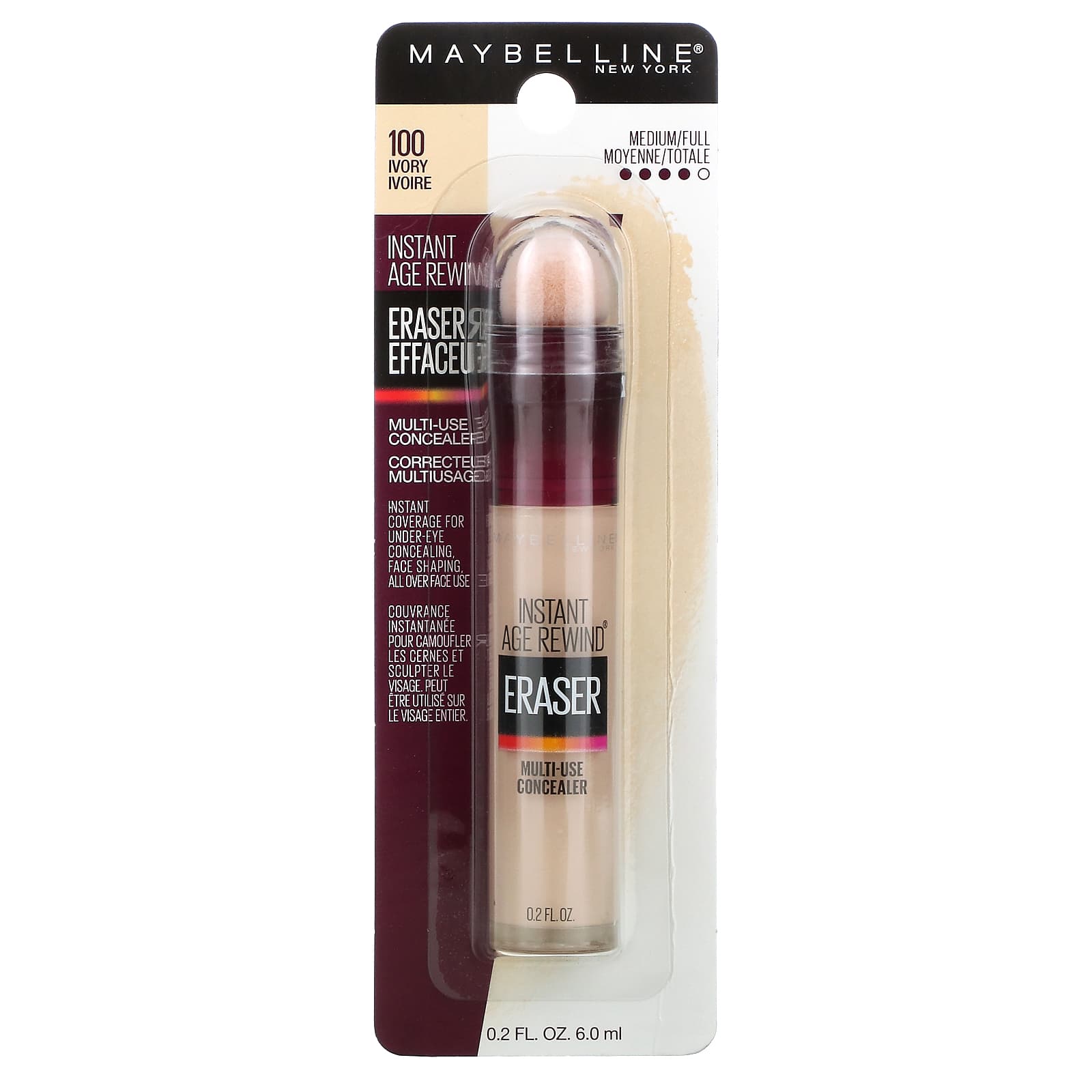 Maybelline, Instant Age Rewind, ластик, универсальный консилер, 100 оттенков слоновой кости, 6 мл (0,2 жидк. Унции)