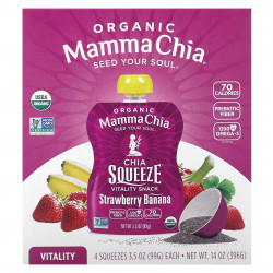 Mamma Chia, Organic Chia Squeeze Vitality Snack, клубника и банан, 4 пакетика, 99 г (3,5 унции)