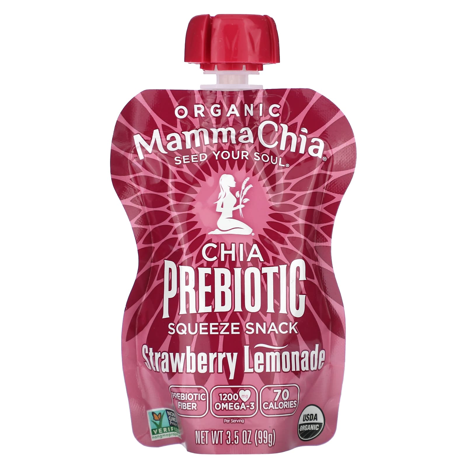 Mamma Chia, Organic Chia Prebiotic Squeeze Snack, клубничный лимонад, 4 пакетика, 99 г (3,5 унции)