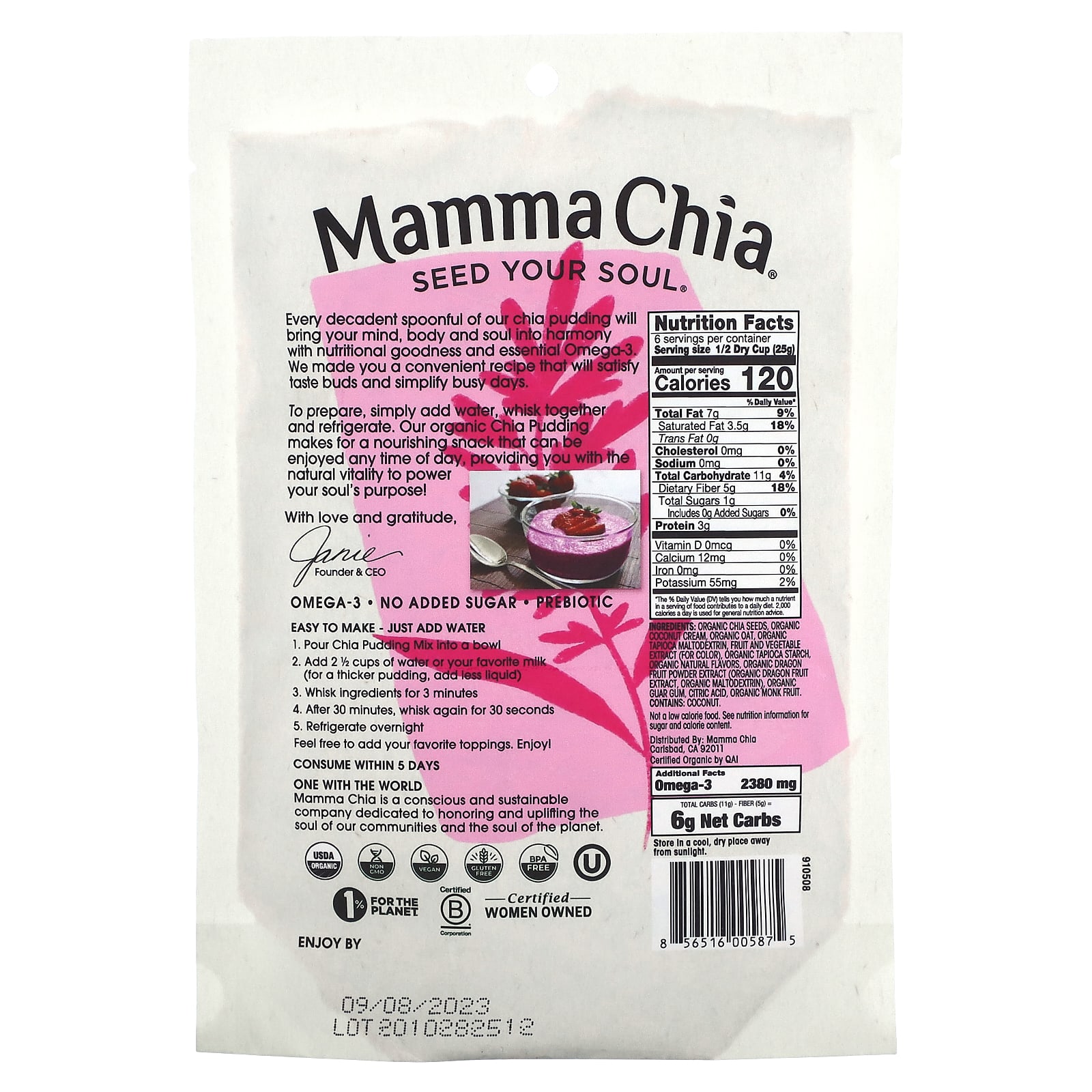 Mamma Chia, Смесь для пудинга с чиа, драконий фрукт, 150 г (5,3 унции)