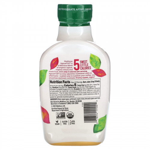 Madhava Natural Sweeteners, Organic Agave Five, подсластитель с низким гликемическим индексом, 454 г (16 унций)