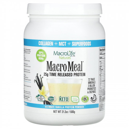 Macrolife Naturals, MacroMeal, протеиновый порошок высшего качества, ваниль, 600 г (21,2 унции)