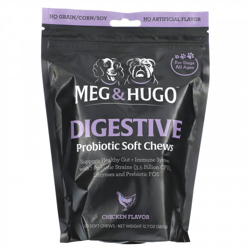 Meg & Hugo, Digestive, мягкие жевательные таблетки с пробиотиками, для собак, для всех возрастов, с курицей, 120 жевательных таблеток, 360 г (12,7 унции)