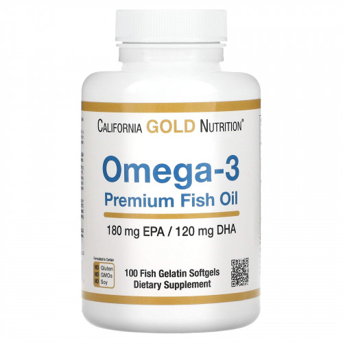 California Gold Nutrition, омега-3, рыбий жир премиального качества, 180 мг ЭПК / 120 мг ДГК, 100 капсул из рыбьего желатина