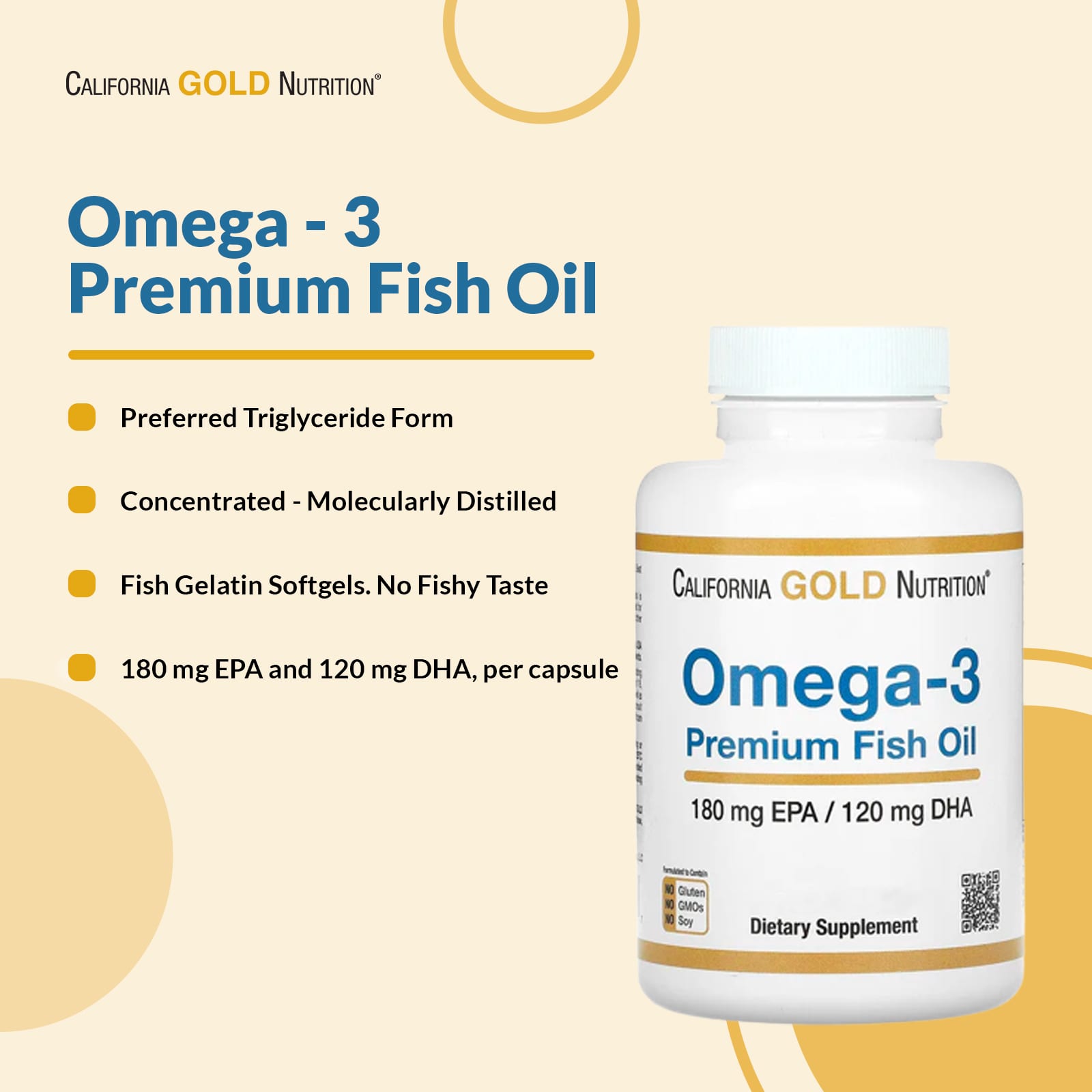 California Gold Nutrition, омега-3, рыбий жир премиального качества, 180 мг ЭПК / 120 мг ДГК, 100 капсул из рыбьего желатина