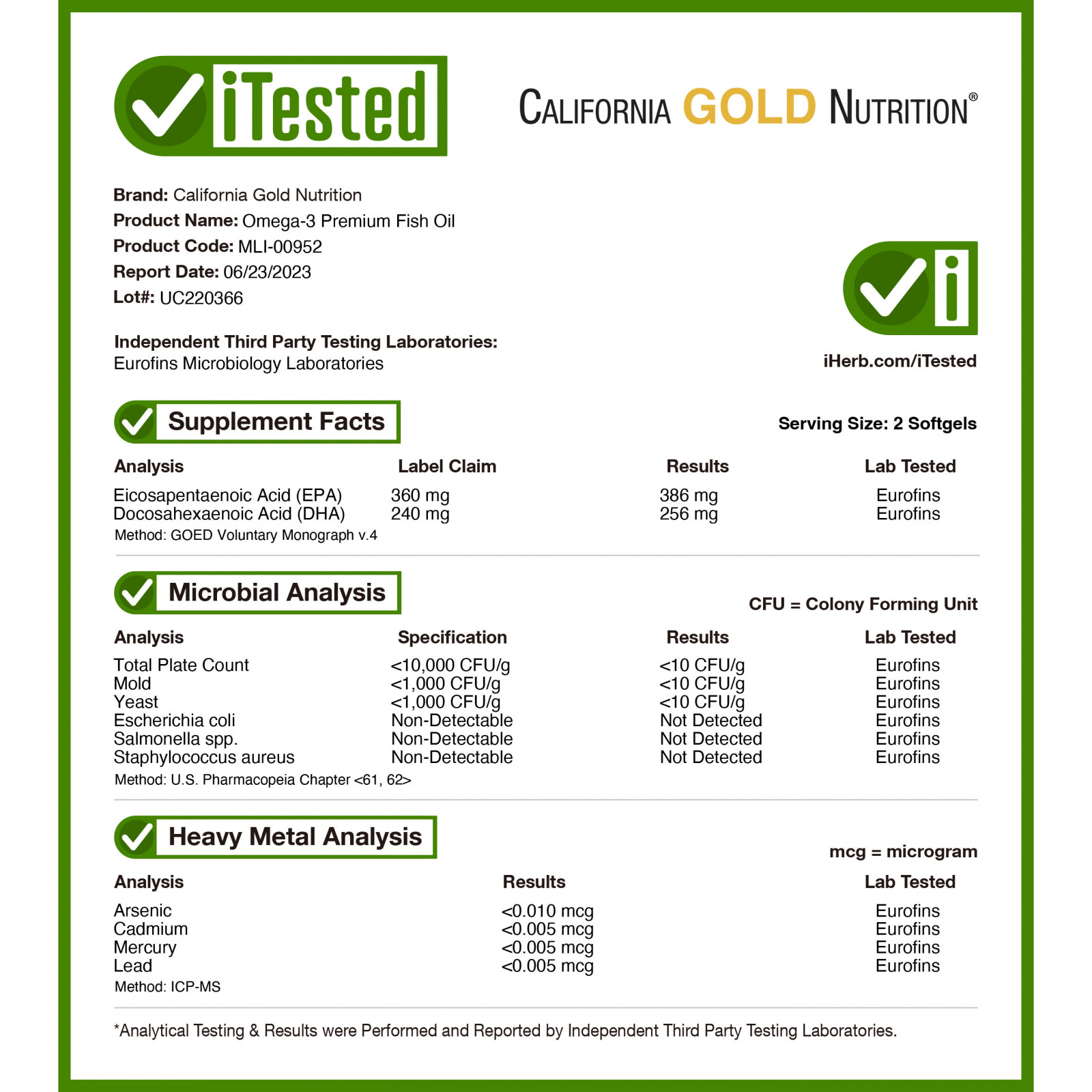 California Gold Nutrition, омега-3, рыбий жир премиального качества, 180 мг ЭПК / 120 мг ДГК, 100 капсул из рыбьего желатина