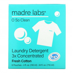 Madre Labs, моющее средство для стирки, тройной концентрации, сменный блок, свежесть хлопка, 6 пакетиков по 118 мл (4 жидк. унции)