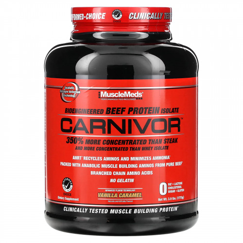 MuscleMeds, Carnivor, изолят белка говядины биоинженерной обработки, с ванильной карамелью, 4.2 фунта (1915.2 г)