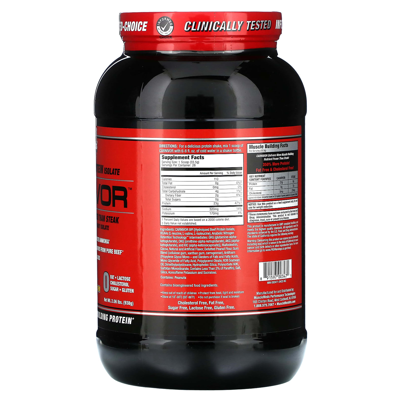 MuscleMeds, Carnivor, изолят говяжьего белка, полученный с помощью биоинженерии, со вкусом шоколада и арахисового масла, 938 г (2,06 фунта)