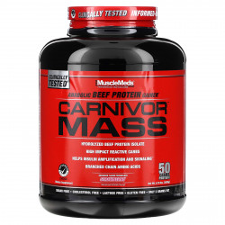 MuscleMeds, Carnivor Mass, анаболический гейнер с говяжьим протеином, клубничный вкус, 2698 г (5,79 фунта)