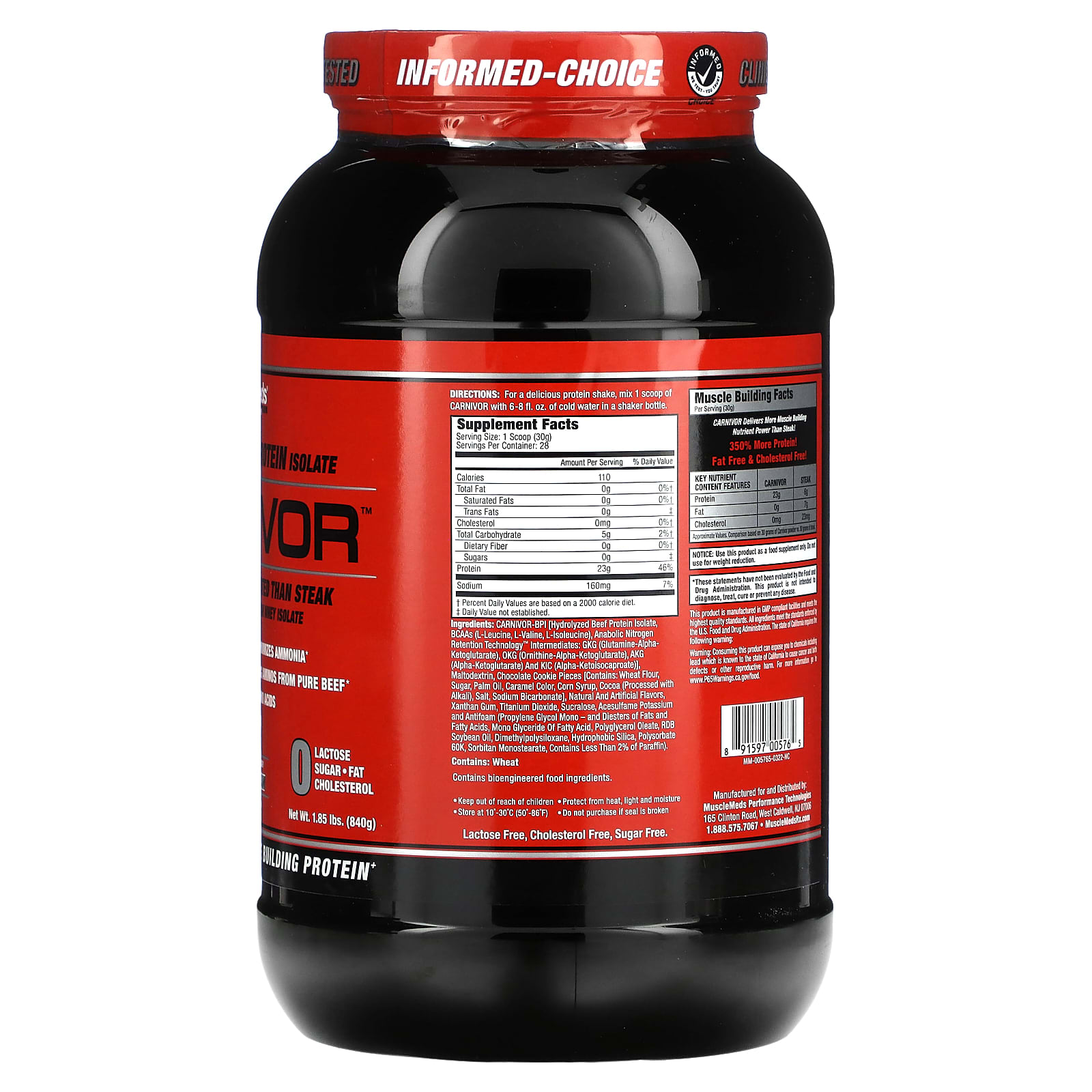 MuscleMeds, Carnivor, биоинженерный изолят говяжьего протеина, печенье и сливки, 1,85 фунта (840 г)