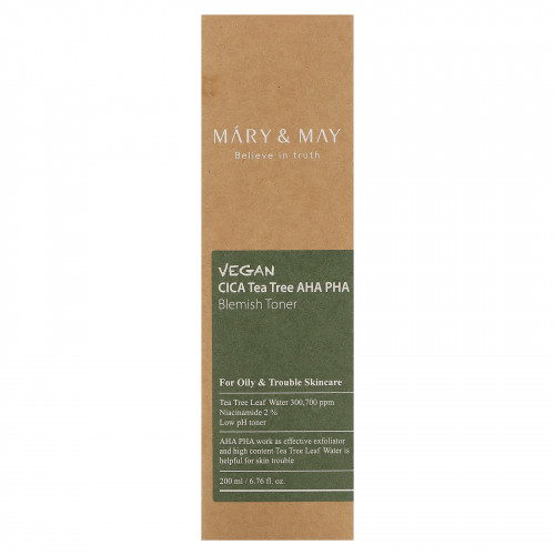 Mary & May, Vegan CICA Tea Tree AHA PHA, тоник от пятен, 200 мл (6,76 жидк. Унции)