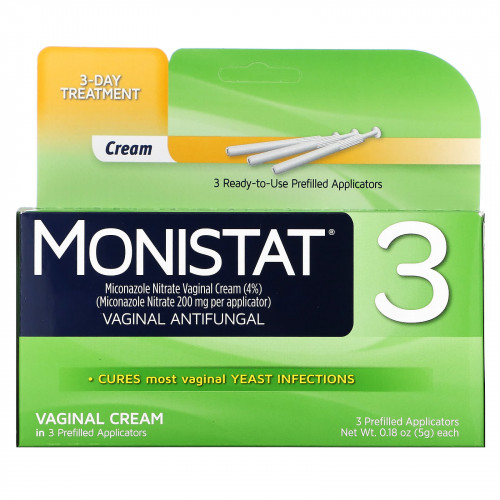 Monistat, 3-дневный лечебный крем, 3 предварительно заполненных аппликатора, 5 г (0,18 унции) каждый