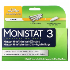 Monistat, Комбинированный пакет для 3-дневного лечения, 3 вкладыши яйцеклетки, по 2,5 г + тюбик 9 г (0,32 унции)