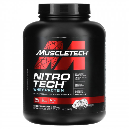 MuscleTech, Nitro Tech, сывороточный протеин, идеальная формула для наращивания мышечной массы, печенье и сливки, 1,81 кг (4 фунта)