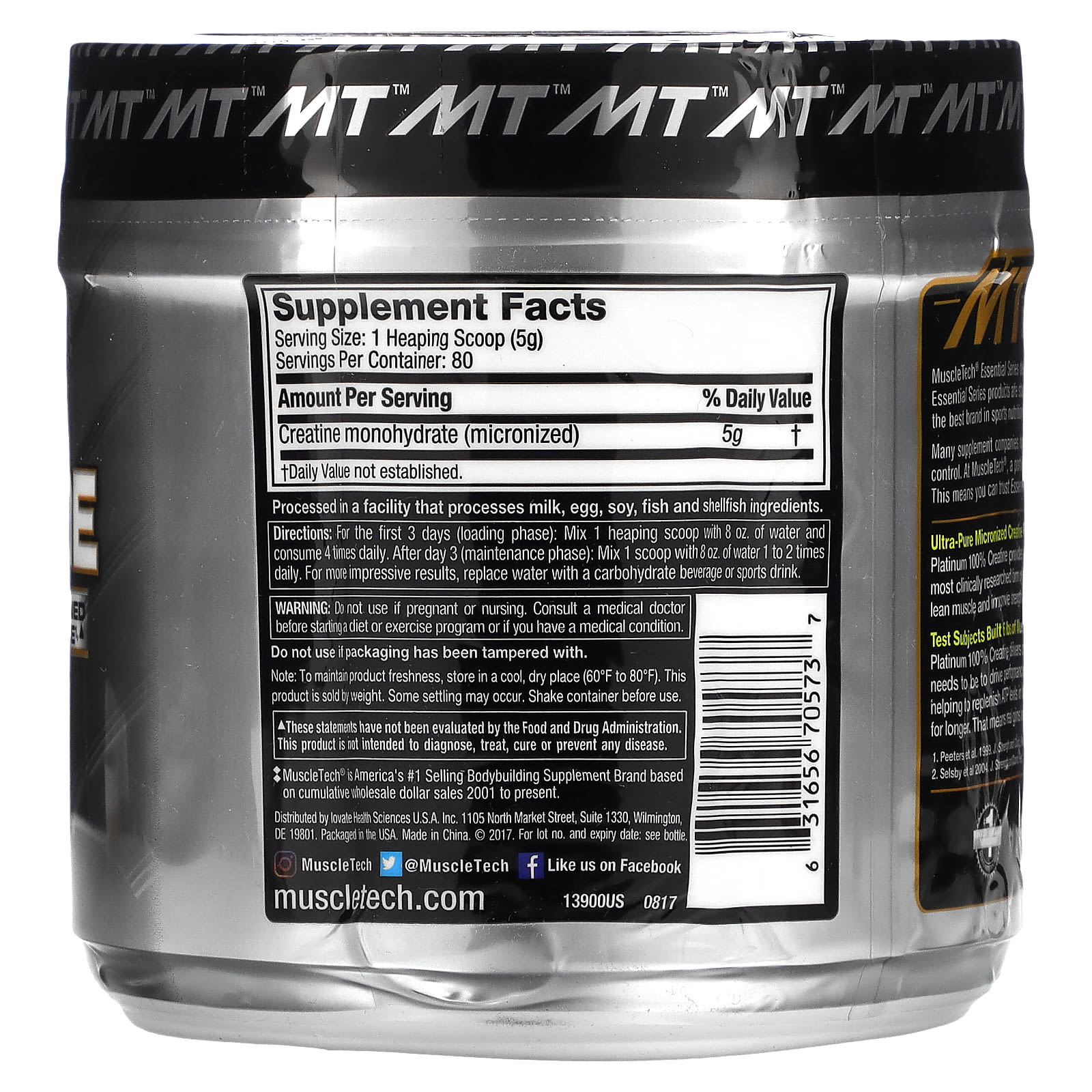 MuscleTech, Essential Series, Platinum 100%, креатин, без вкусовых добавок, 400 г (14,11 унции)