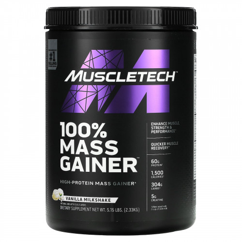 MuscleTech, 100% Mass Gainer, ванильный молочный коктейль, 2,33 кг (5,15 фунта)