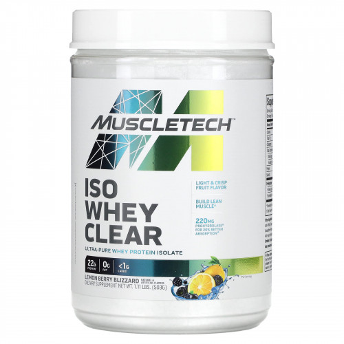 MuscleTech, ISO Whey Clear, сверхчистый изолят протеина, лимонно-ягодная вьюга, 1,10 фунта (503 г)