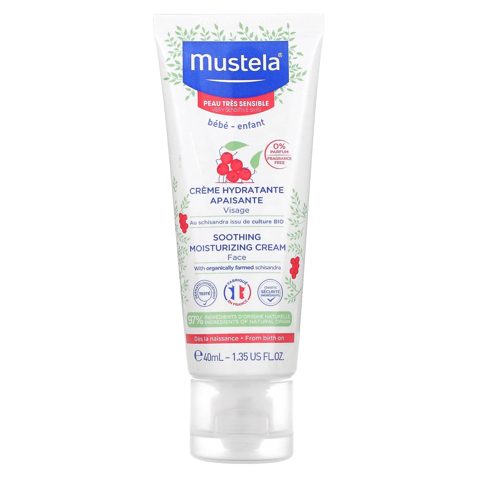 Mustela, Успокаивающий увлажняющий крем для лица с лимонником, без отдушек, 40 мл (1,35 жидк. Унции)