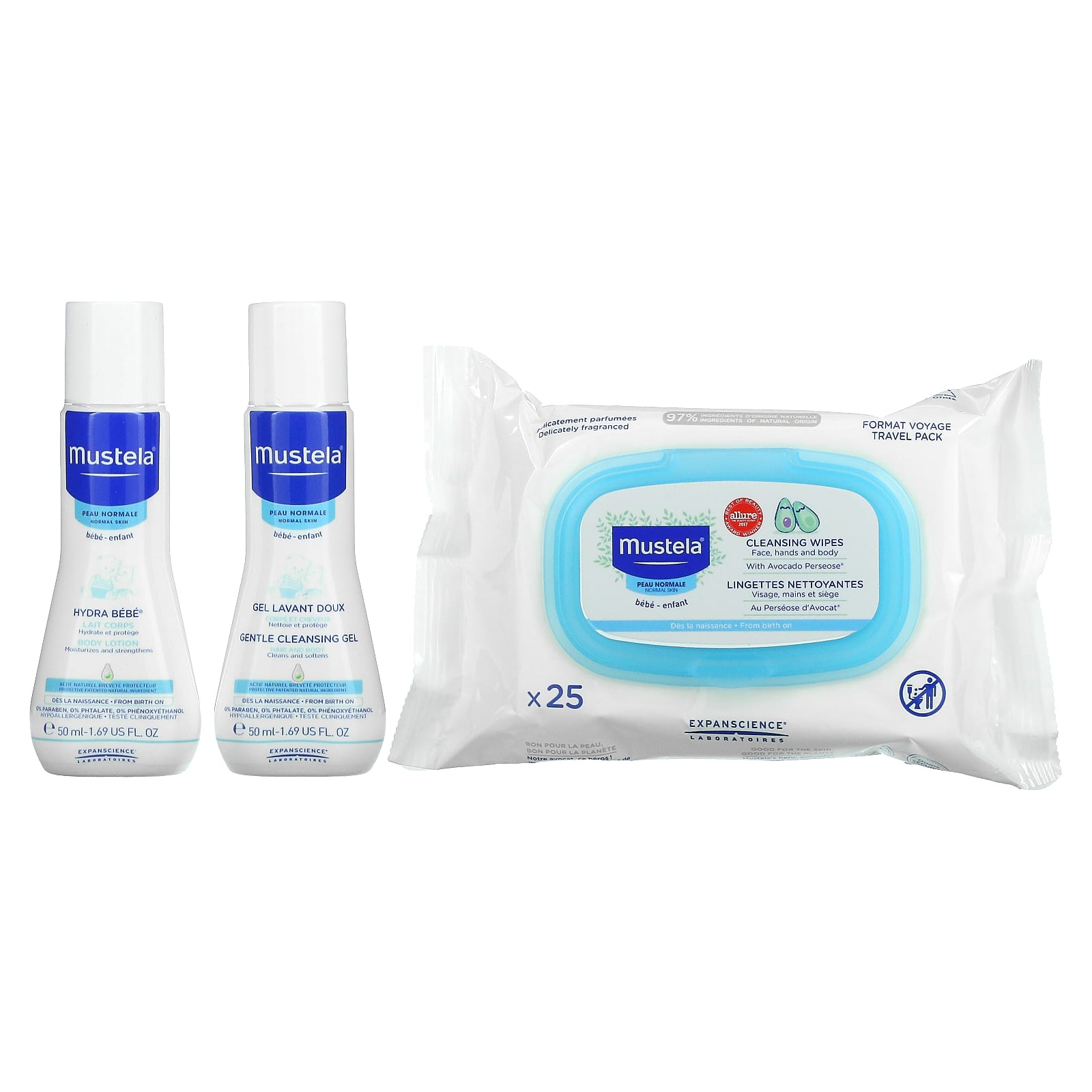 Mustela, Bebe On The Go, дорожный набор для ухода за кожей, набор из 3 предметов