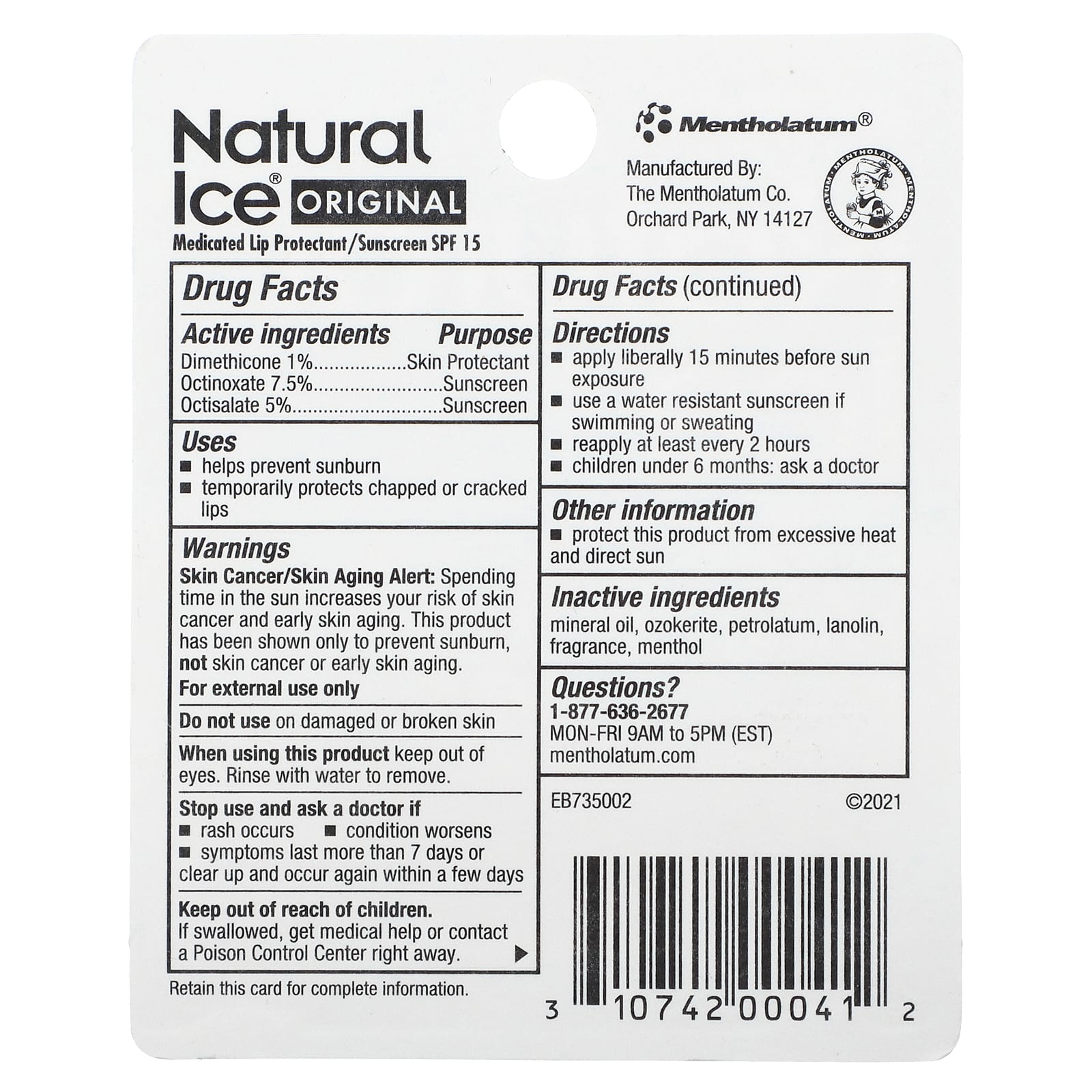 Mentholatum, Natural Ice, лечебный бальзам для губ, SPF 15, 4,2 г (0,15 унции)