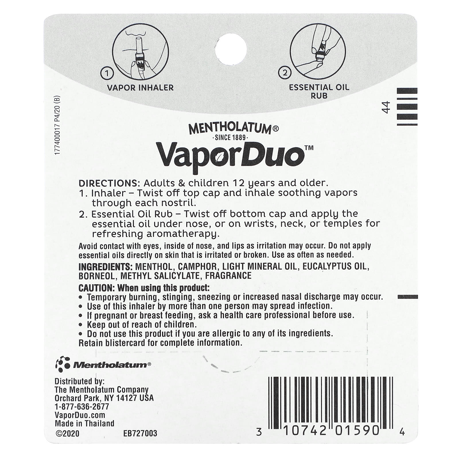 Mentholatum, Vapor Duo, ароматерапия 2 в 1 с натуральным ментолом и эвкалиптом, втирание, 1,2 мл (0,04 жидк. Унции), ингалятор, 0,8 мл (0,03 жидк. Унции)