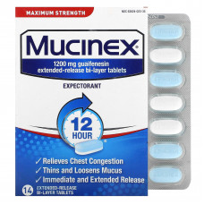 Mucinex, 12 Hour, средство от заложенности носа, максимальная сила действия, 14 двухслойных таблеток с пролонгированным высвобождением