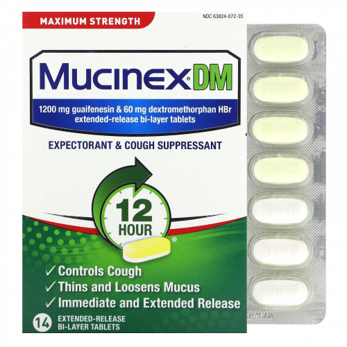 Mucinex, DMA, максимальная сила действия, 14 двухслойных таблеток с замедленным высвобождением