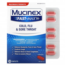 Mucinex, Fast-Max от простуды, гриппа и боли в горле, максимальная сила действия, для детей от 12 лет, 20 капсул