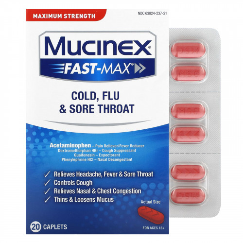 Mucinex, Fast-Max от простуды, гриппа и боли в горле, максимальная сила действия, для детей от 12 лет, 20 капсул