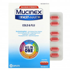 Mucinex, Fast-Max, средство от простуды и гриппа, максимальная сила действия, для детей от 12 лет, 20 капсул
