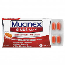 Mucinex, Sinus-Max, сильная заложенность носа и боль, максимальная сила действия, для детей от 12 лет, 20 капсул