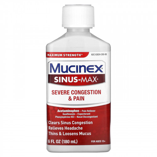 Mucinex, Sinus-Max, сильная заложенность носа и боль, для детей от 12 лет, 180 мл (6 жидк. унций)