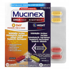 Mucinex, Sinus-Max Day and NightShift Night Sinus, максимальная сила действия, для детей от 12 лет, 2 флакона, 20 капсул