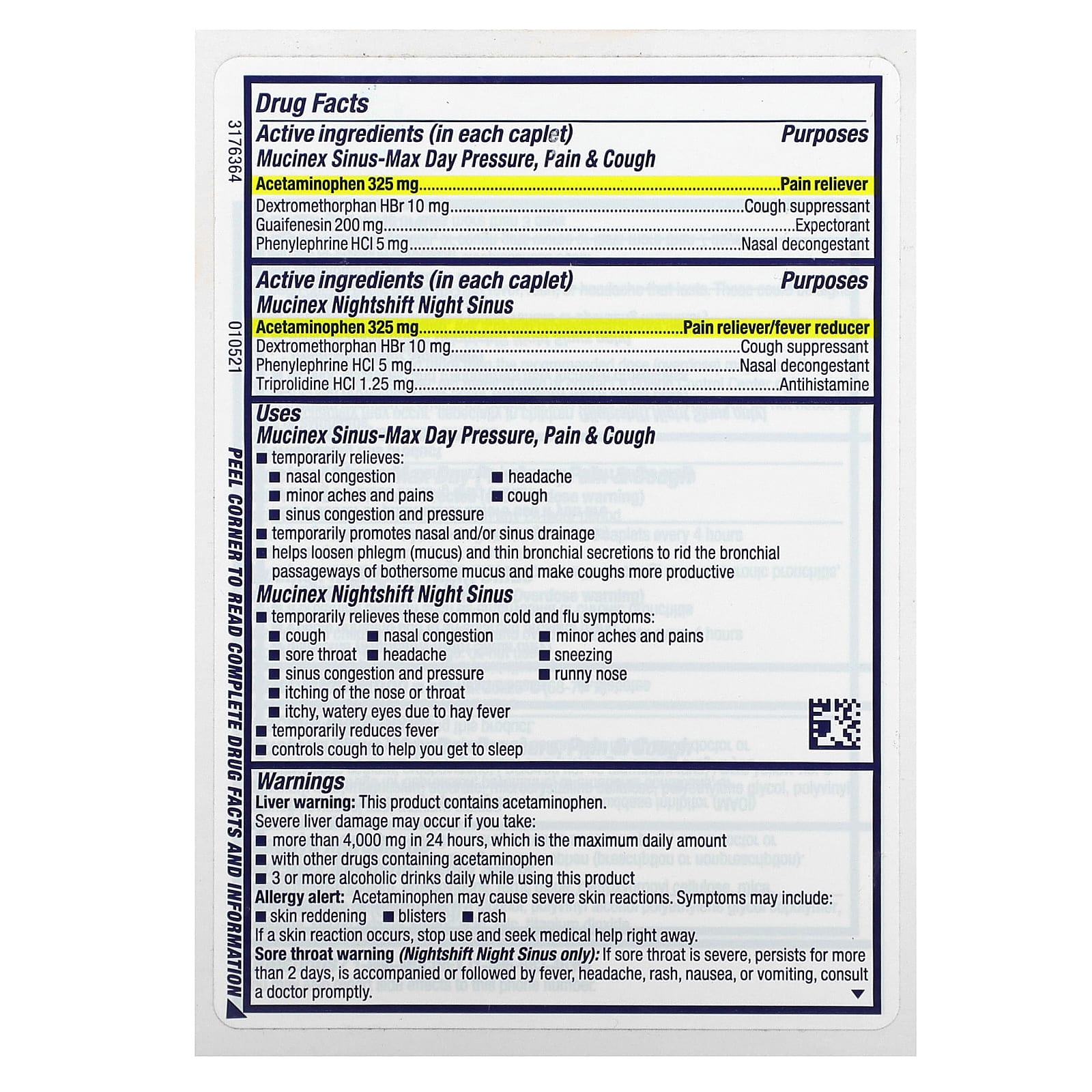 Mucinex, Sinus-Max Day and NightShift Night Sinus, максимальная сила действия, для детей от 12 лет, 2 флакона, 20 капсул