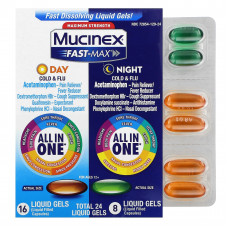 Mucinex, Fast-Max Day/Night, от простуды и гриппа, максимальная сила действия, для детей от 12 лет, 24 капсулы с жидкостью