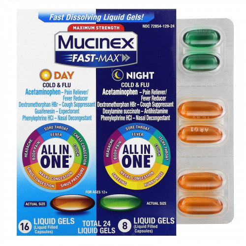 Mucinex, Fast-Max Day/Night, от простуды и гриппа, максимальная сила действия, для детей от 12 лет, 24 капсулы с жидкостью