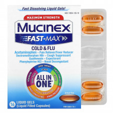 Mucinex, Fast-Max, простуда и грипп, максимальная сила действия, для детей от 12 лет, 16 жидких капсул