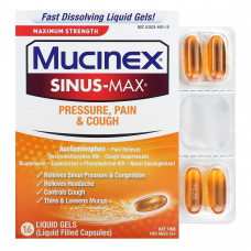 Mucinex, Sinus-Max, давление, боль и кашель, максимальная сила действия, для детей от 12 лет, 16 жидких капсул