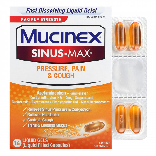 Mucinex, Sinus-Max, давление, боль и кашель, максимальная сила действия, для детей от 12 лет, 16 жидких капсул